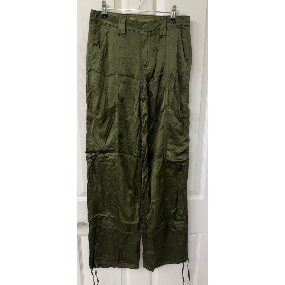 American Eagle silky olive green cargo pant side pocket drawstring ankles S Tall - Picture 2 of 9